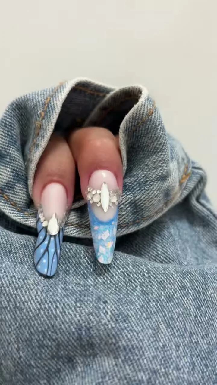 Denim Wings butterfly nail design