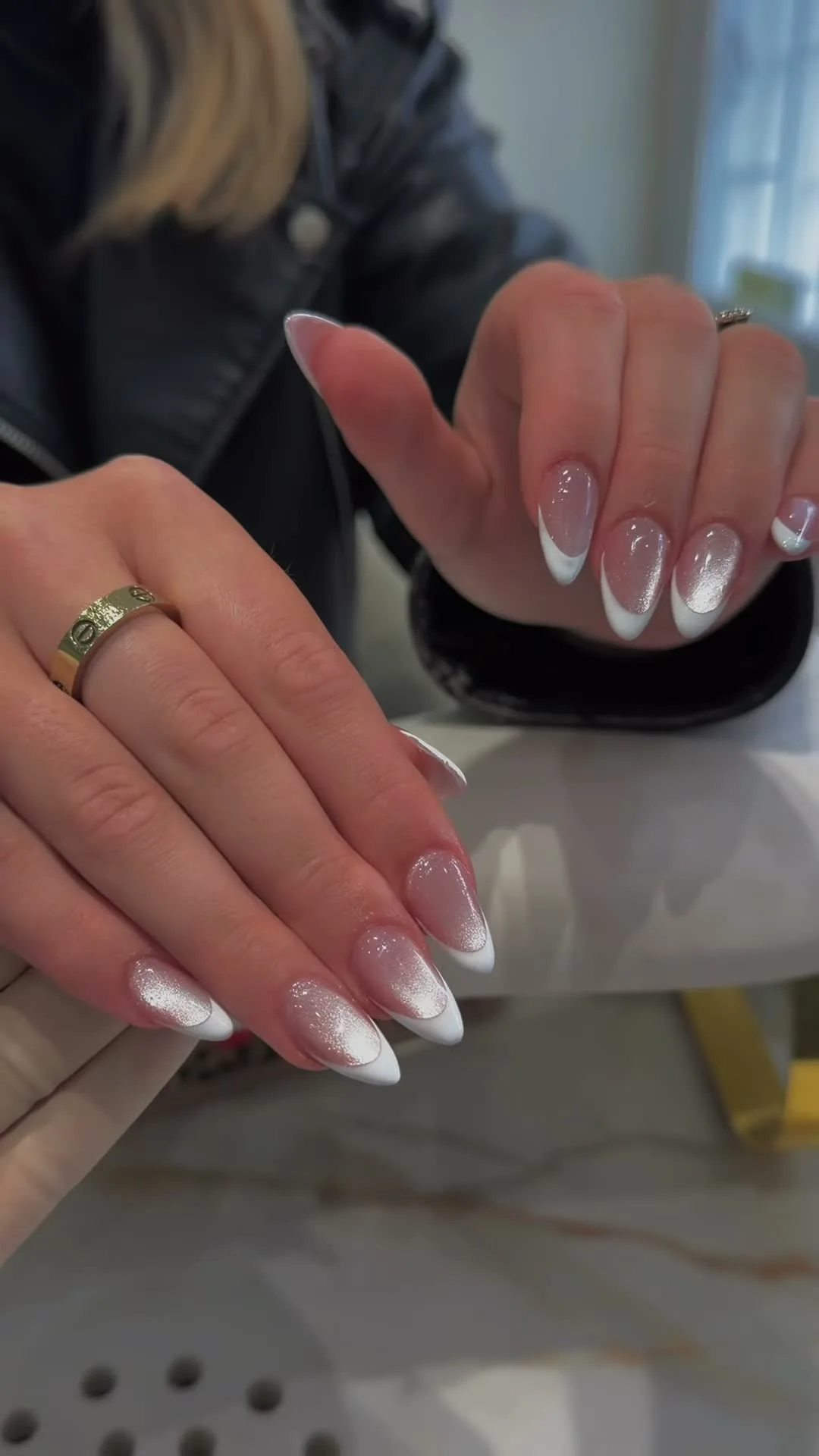 Silver Lining French cat-eye nail design