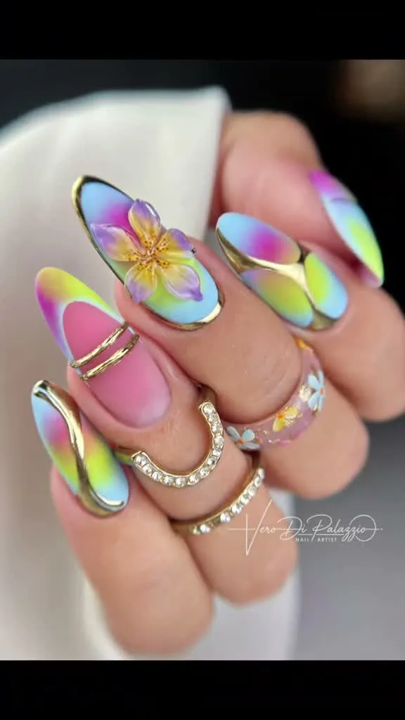 Rainbow Aura Bloom jelly nail design