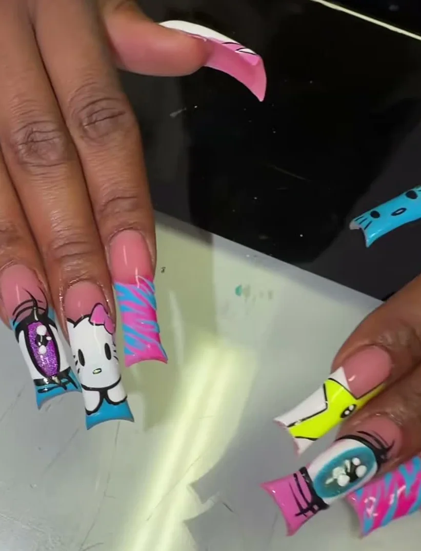 Neon Kitty French Sanrio nail design