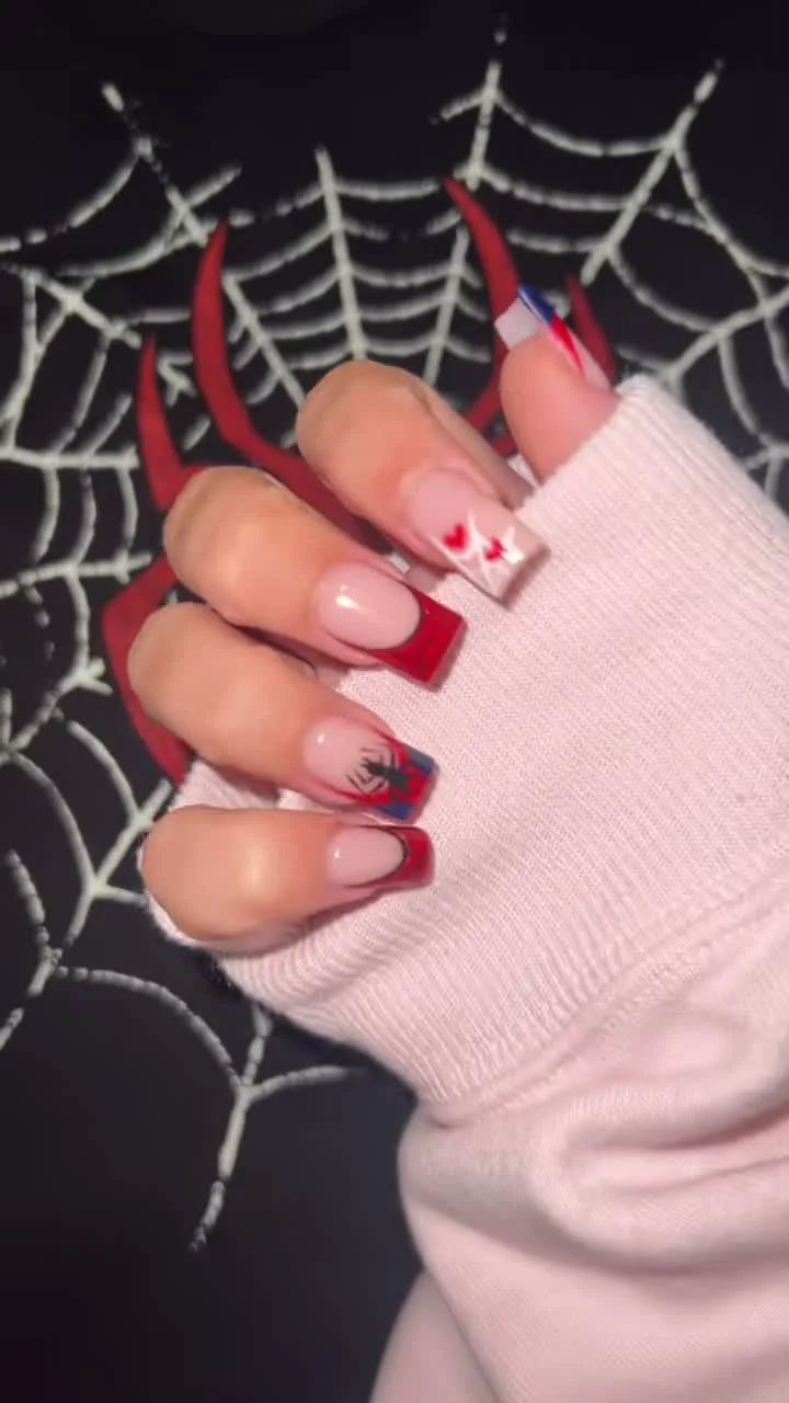 Web-Slinger Red French spider-man nail design