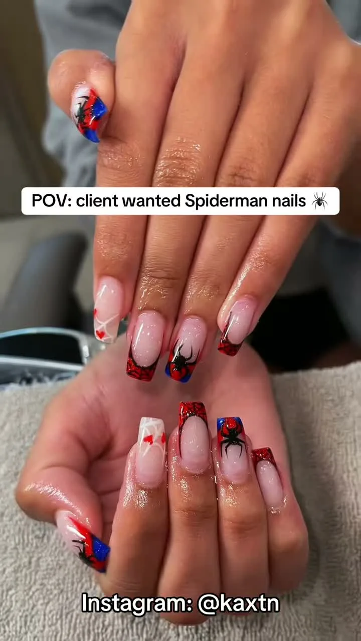 Red and Blue Hero Tips spider-man nail design